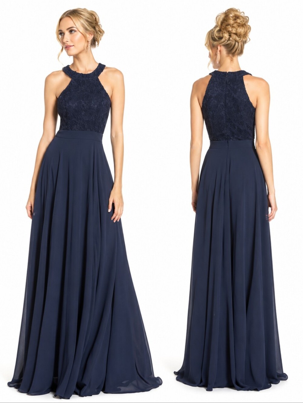 Lulu's Navy Blue Chiffon Lace Bodice Halter Gown Bridesmaid Long Gown NWT Sz L